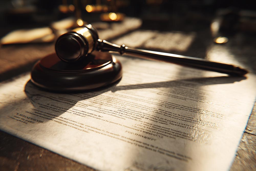 A gavel sitting on legal paperwork